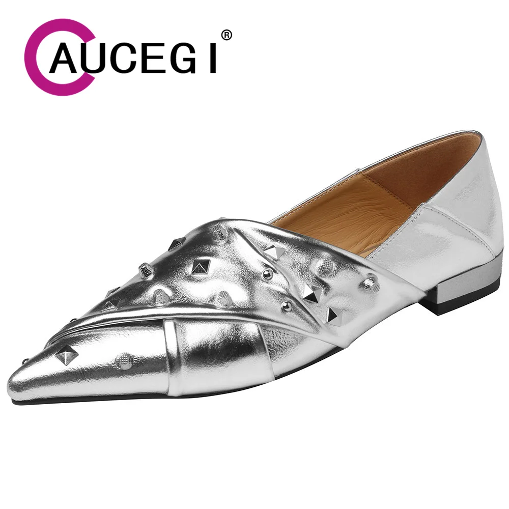 

Aucegi Unique Women's Summer Genuine Leather Flat Heels Luxury New Brand Rivet Pointed Toe Elegant Designer Dress Party Shoes