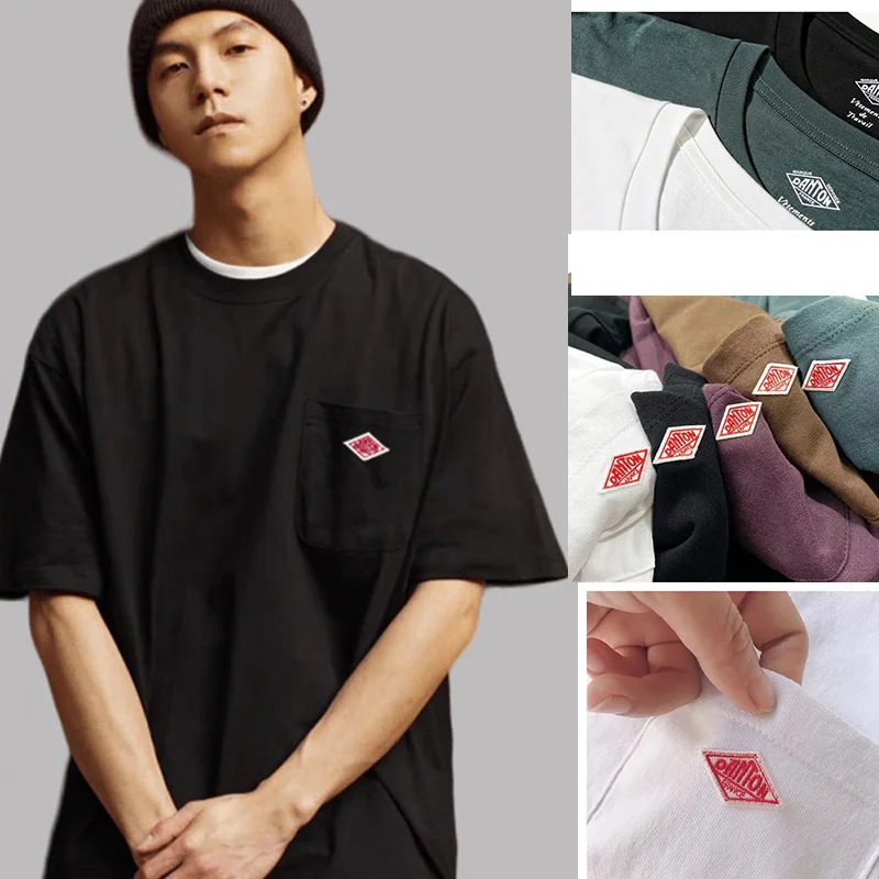 

2025Hot Salle Japanese Style Men and Women's Solid Pure Cotton Embroidery Pocket T-Shirt Short Sleeve Tee Simple Fashion Brand