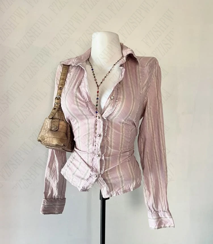 المشارب الساخنة فتاة البكر الكلاسيكية الوردي Y2K أزياء المرأة الملابس قمصان غير رسمية Harajuku طويلة الأكمام خمر شيك الكلاسيكية قمم #1