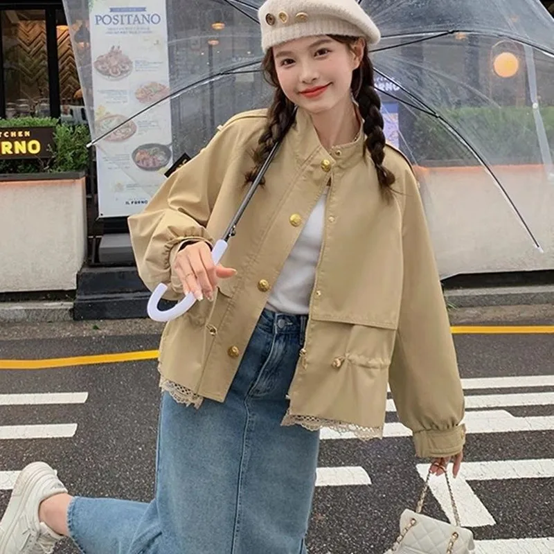 

2026 New Spring Autumn Korean Style Short Trench Coat Women Lace Spliced Cropped Trench Coat Female Windbreaker Outwear Jacket
