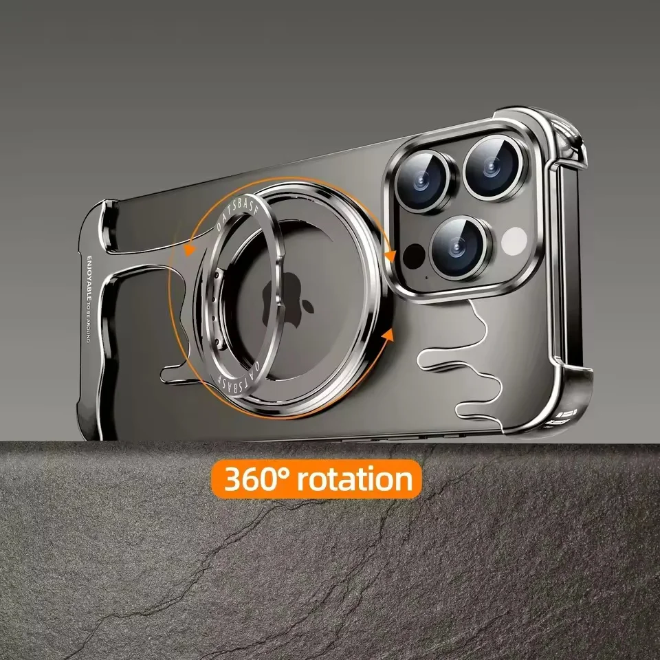 

Magnetic Metal Edgeless Phone Case For IPhone 14 13 15 16 Pro Max Rotating Stand Holder Phone Cover For IPhone 16 Promax