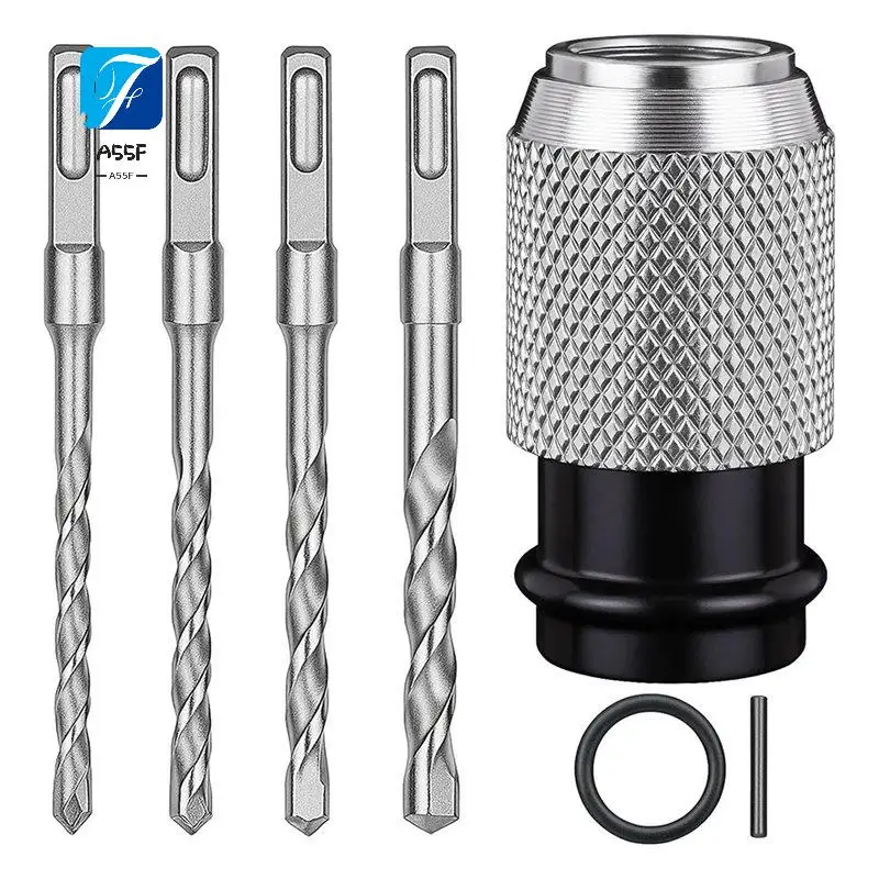 A55F-Rotary Hammer Adapter With Impact Drill Bits Set, Electric Hammer To Drill Converter - Adapter + 4PCS Drills