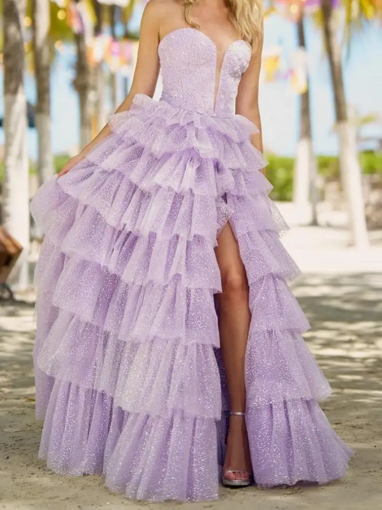 

Elegant Shinny Lilac Secy Front Slit Party Special Occasion Dresses Sweetheart Tiered Skirt Long Women Formal Evening Dress Robe