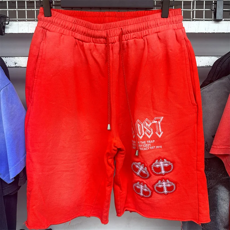 

High Street Patchwork Lost Intricacy Shorts Hot Diamond Pattern Printed Pants Washed Distressed Loose Patchwork Capri Sweatpant