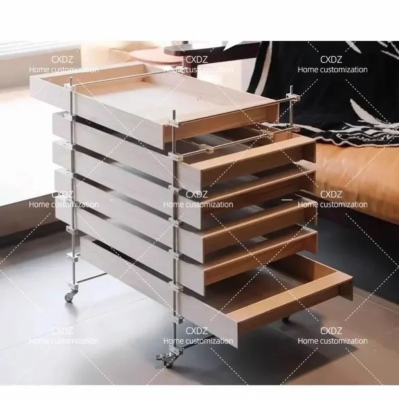 Log color optical shaft cabinet trolley bedroom side few removable living room multi-layer storage cabinet small dining side