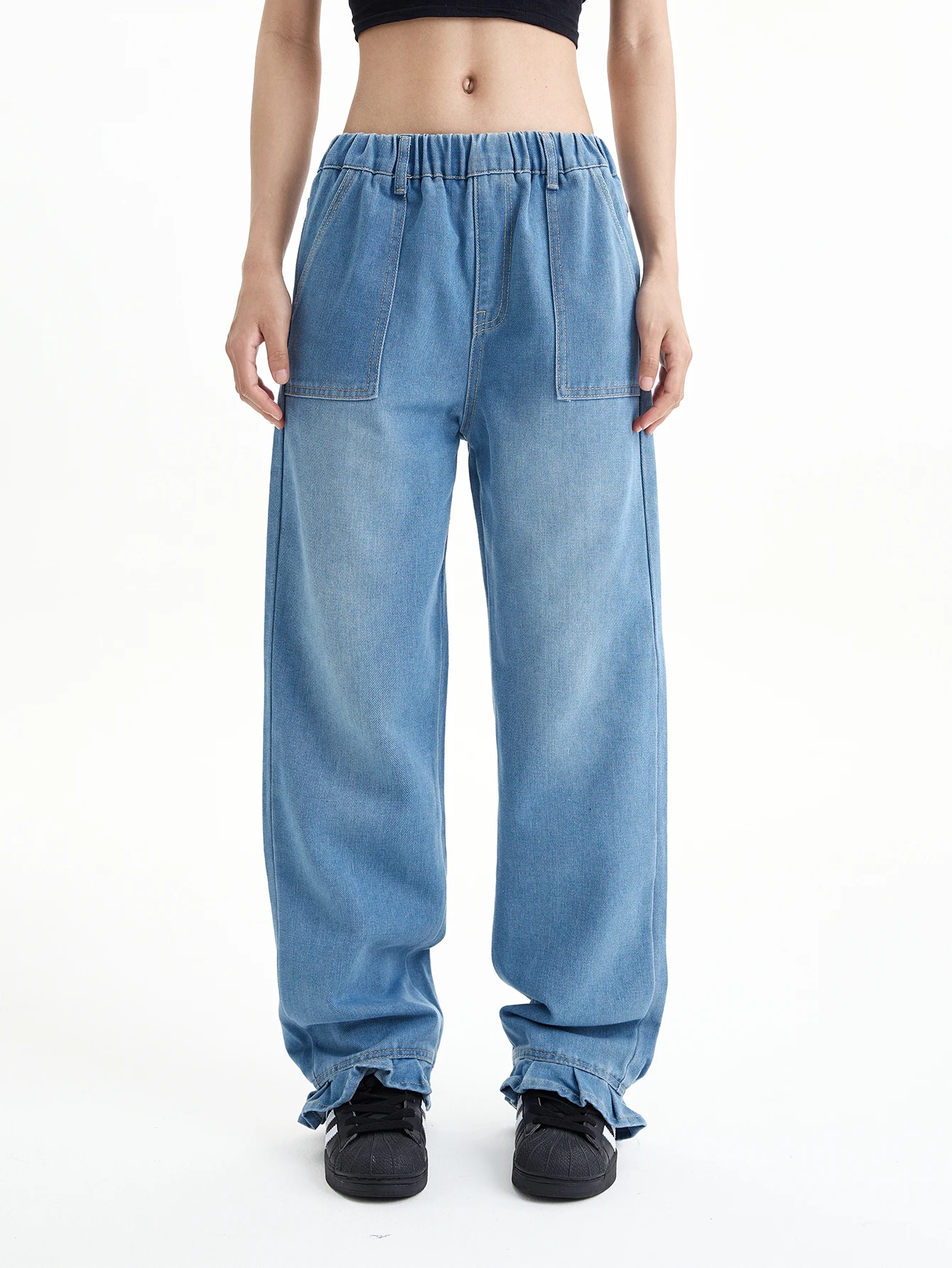 

Women's Solid Color Flared Denim Pants - High Waist Straight Wide Leg Jeans for Girls, Casual Versatile College Style Ruffled He