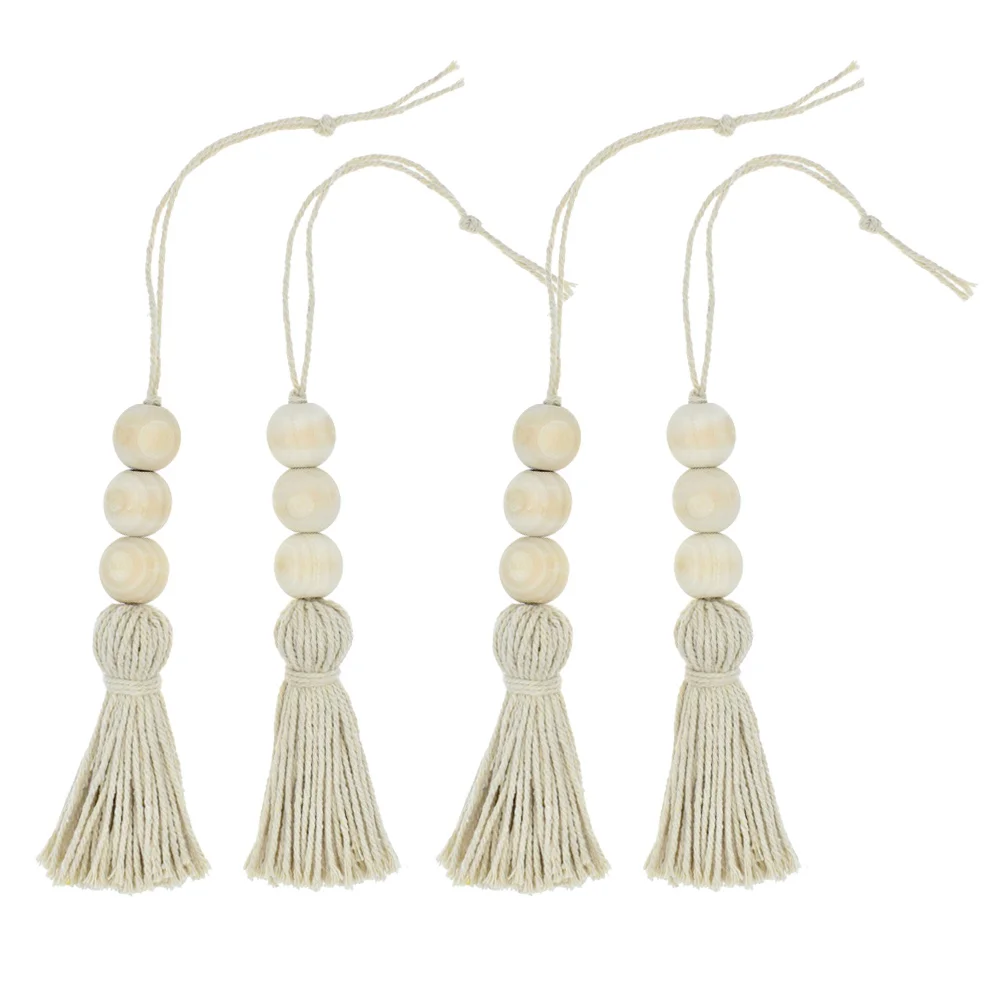 6 Pcs Decorate Cotton Thread Wooden Beads Decoration Clothes Rack Beaded Garland with Tassels Neutral Ornaments