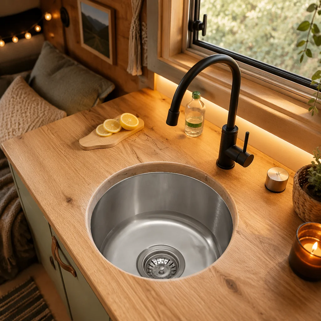 Stainless Steel RV Kitchen Sink Single Round Bowl With Faucet One Hole For Touring Car