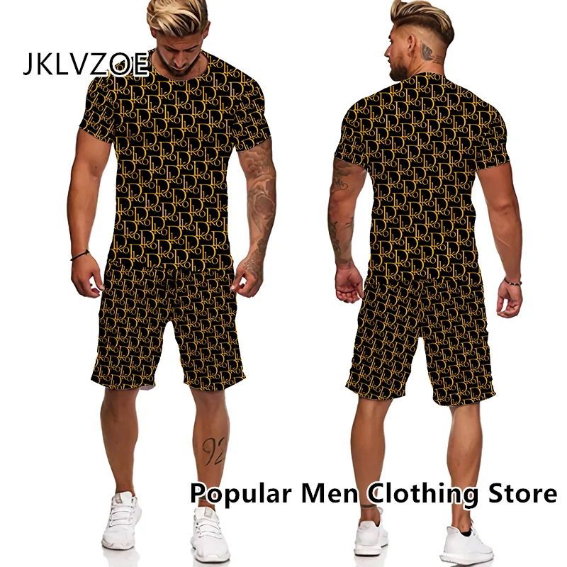 Homens 3D Print Beach 2 Piece Outfits Conjuntos, agasalho, camiseta, shorts, verão streetwear, roupas de marca de luxo