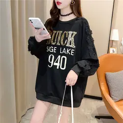 Plus Size Print Letter Hoodies Sweatshirts Spring Autumn Long Sleeve Loose Street Casual Pullovers Fashion Korean Women Clothing