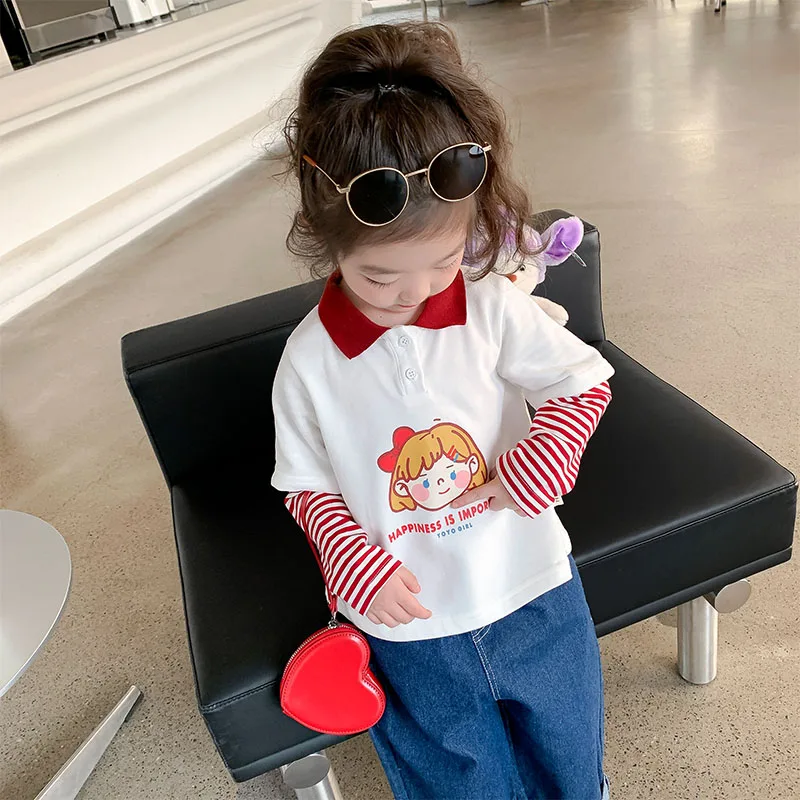 Kids T-shirt For Girls；Pure Cotton Polo-neckside Cute Cartoon Fashion T-shirt Korean Style Girls T-shirt Autumn Girl Clothes