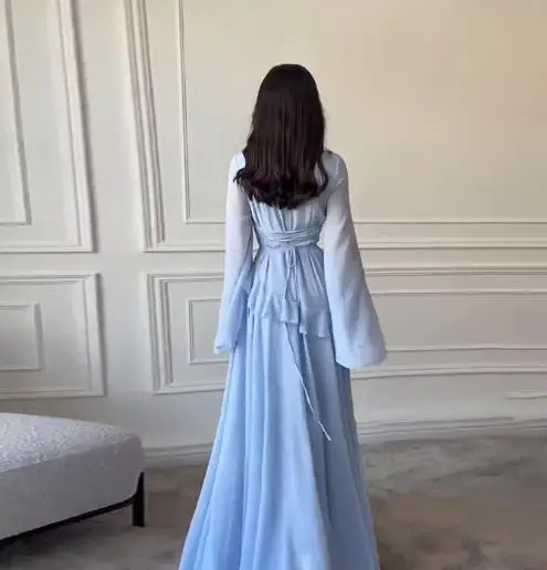 

Autumn 2025 Solid Color Premium Texture Elegant Waist Cinched Dress for Women's Fashion Dinner Party Trumpet Sleeve A-Line Dress