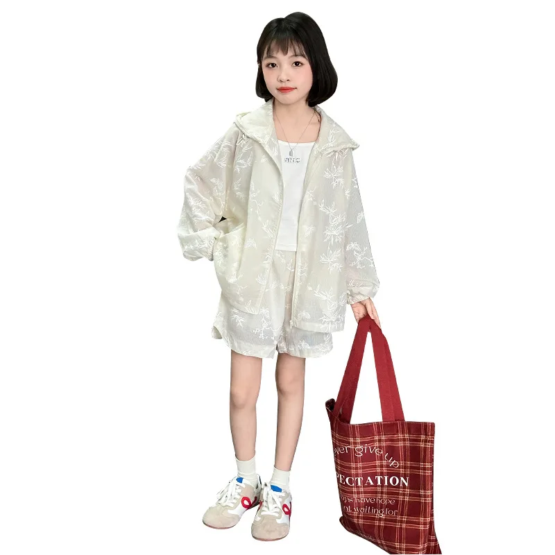2026 Autumn Girls Floral Mesh Cardigan Hooded Jacket + Shorts Lace Hot Pant Teenager Children Set 4 5 6 10 12 15 7 8 11 Year