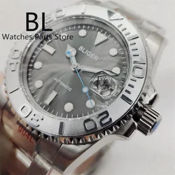 BLIGER 40mm NH35 Watch For Men Silver Insert Sunburst Gray Dial Blue Second Hand Sapphire Glass Steel Bracelet Waterproof Date