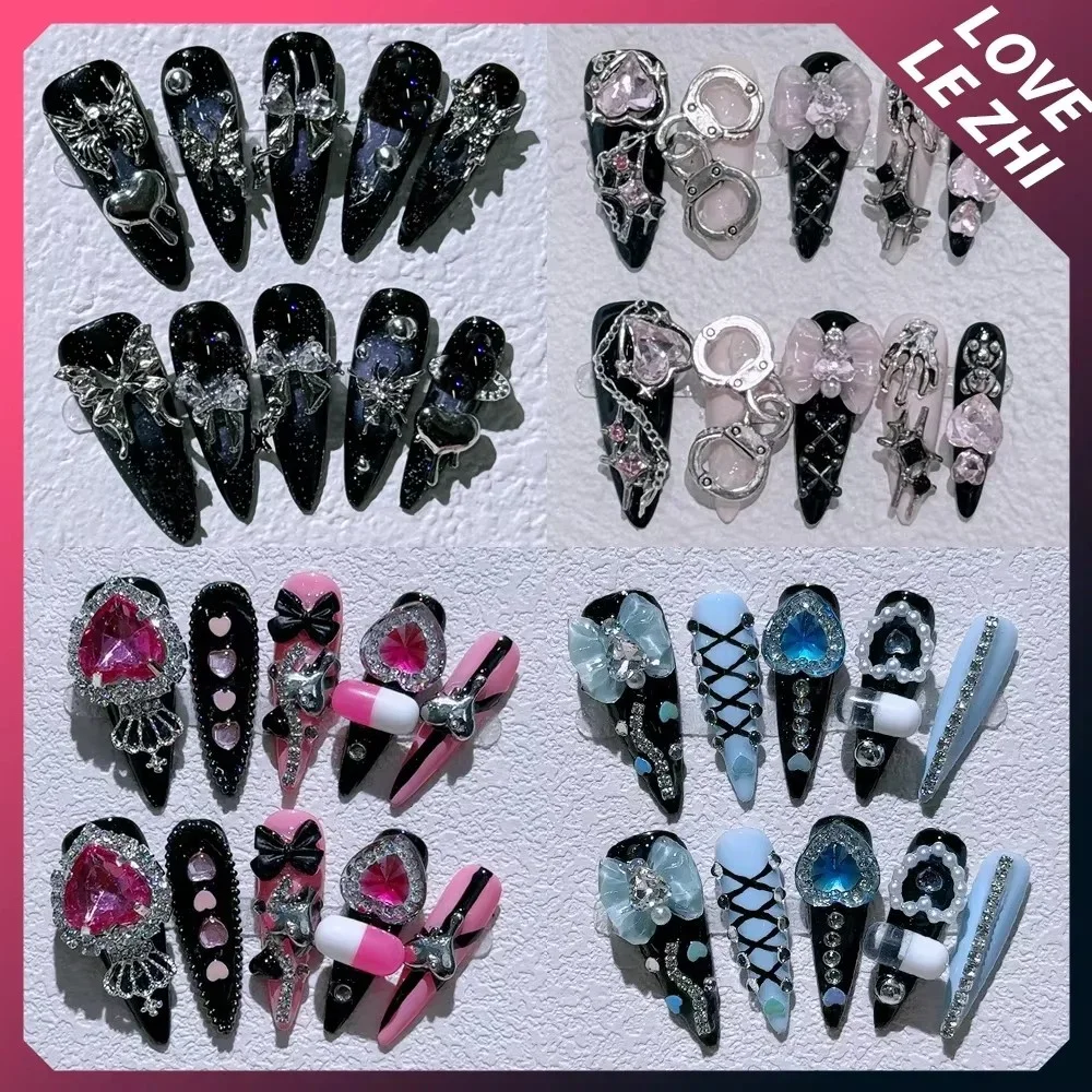 

10Pcs Gothic Handmade Press On Nails Art Long Pointed Shape Love Diamond Punk Metal Chain Street Cool Full Cover Fake Nails Gift