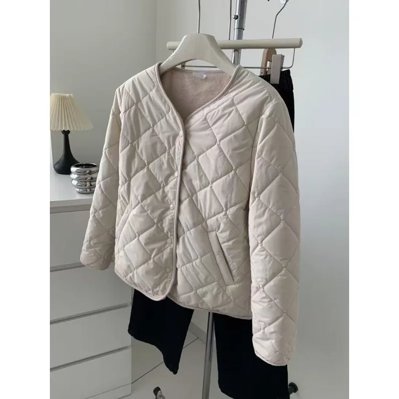 

Двусторонняя теплая хлопковая куртка с ромбовидной сеткой, женская осенне-зимняя темпераментная куртка с круглым вырезом, повседневное однобортное пальто