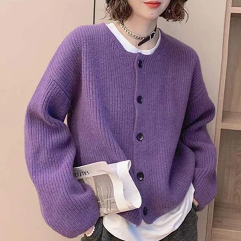 Women Trendy Simple Chic Single Breasted Knitted Cardigan 2024 Spring Autumn Casual Street O Neck Long Sleeve Loose Sweater Coat