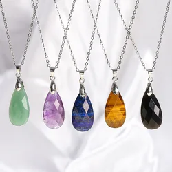 Water Drop Natural Stone Pendant Amethyst Pink Crystal Necklace for Women Jewelry Gift Natural Stone Cut face pendant Water drop