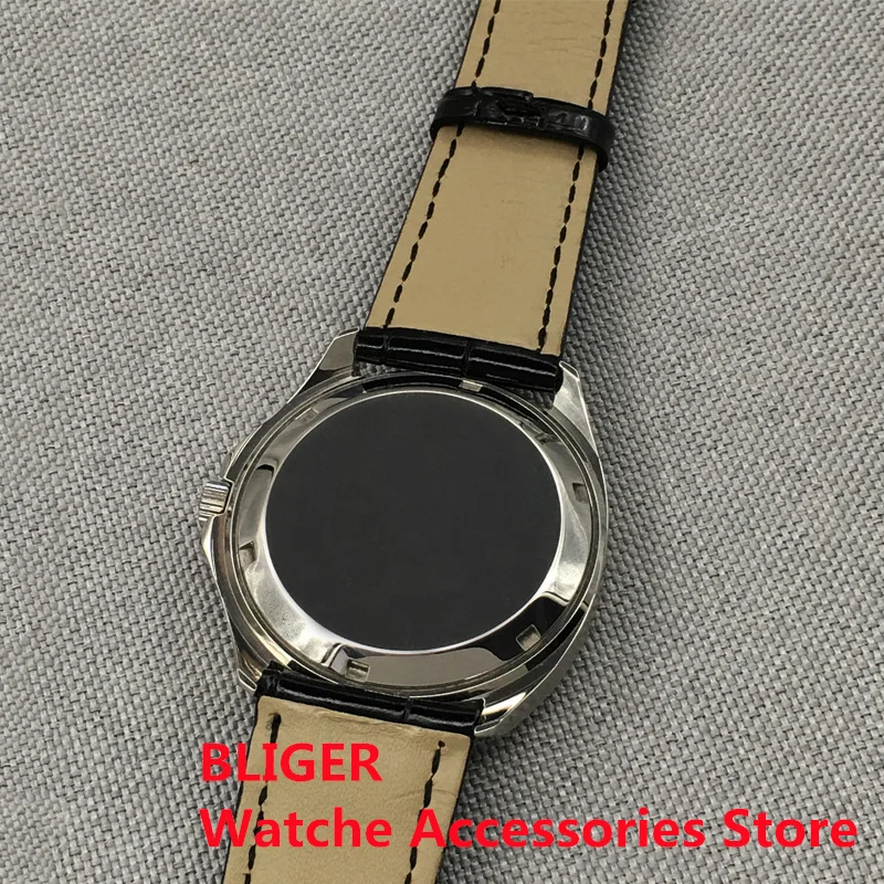 Bliger 40mm Silver Leather Strap Green Luminous Dial Sapphire Glass Back NH36A Automatic Movement Men\'s Wristwatch