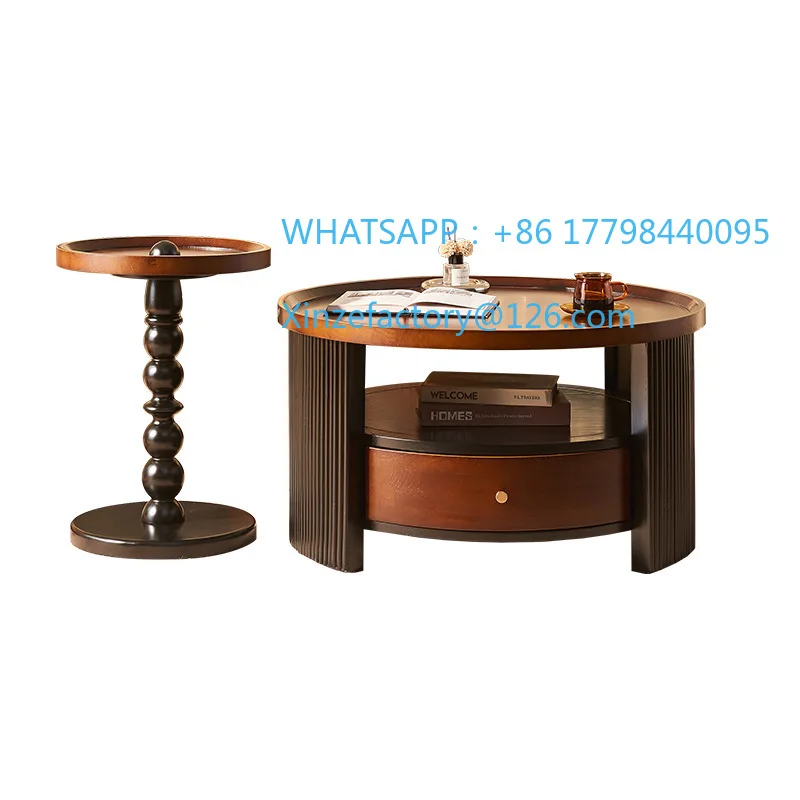Customizable French Retro High and Low Coffee Table Side Combination Medium and Ancient Style Living Room Solid Wood Round Table