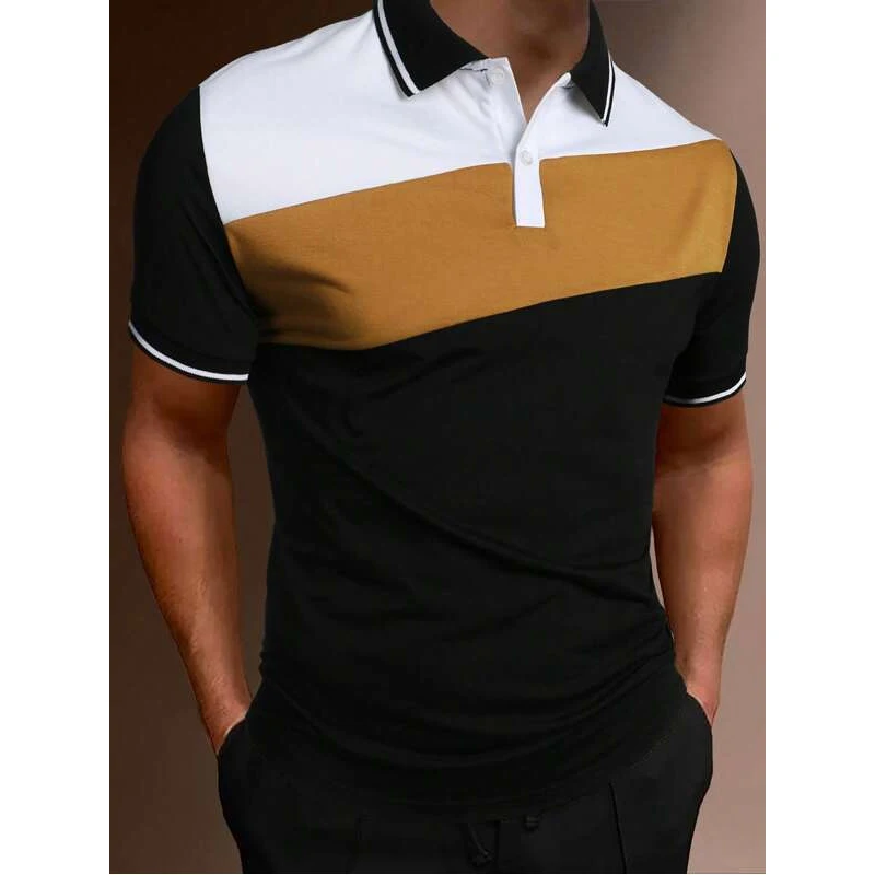 2023 Summer New Spell Color Simple Style Casual Polo Shirt , Men Sport Short Sleeve Business Lapel Polo Shirt .