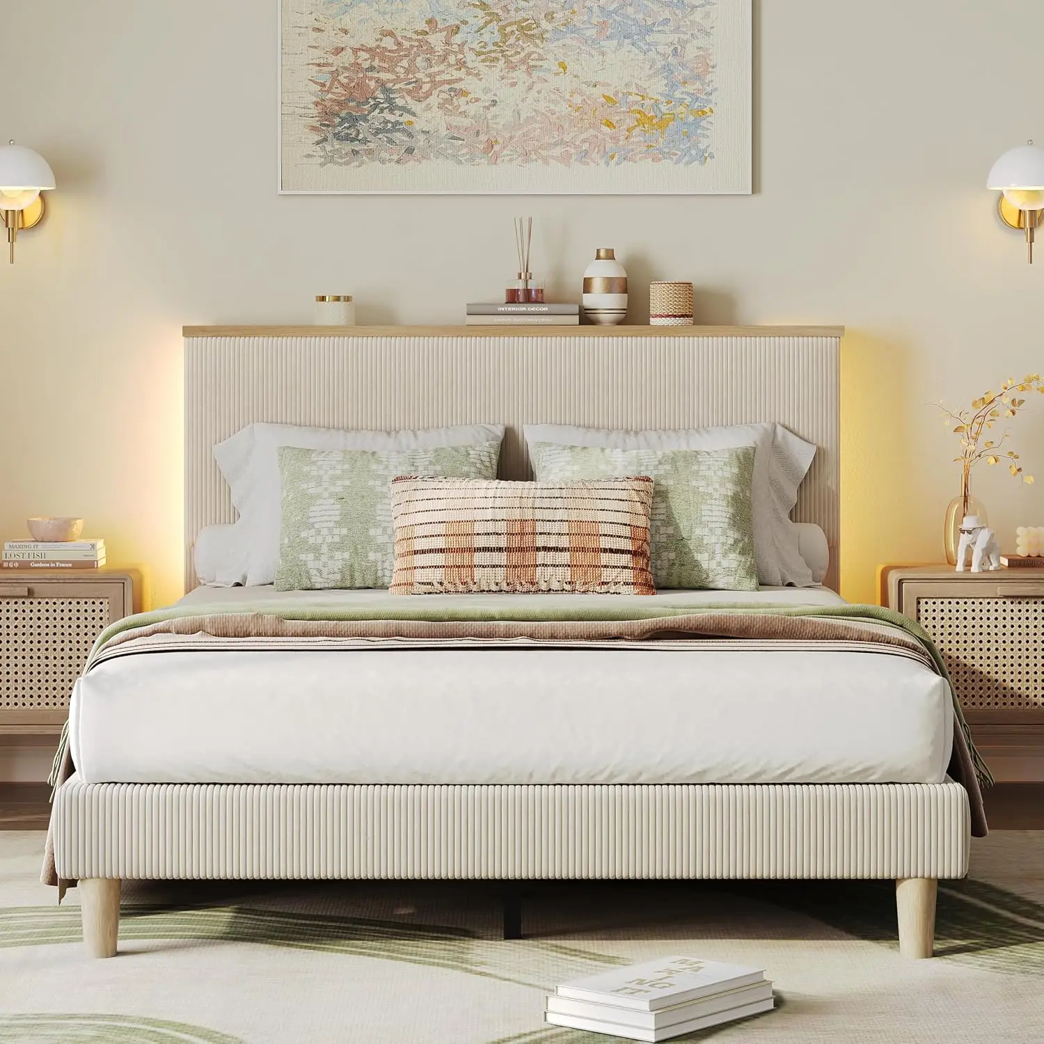 Queen Bed Frame with 51-Inch High Corduroy Upholstered Wingback Headboard, Beige, Built-In Charging Station, RGB LED Light, 2 Storage Shelves, Wooden Slats, No Box Spring Needed, Easy Assembly, Squeak-Free