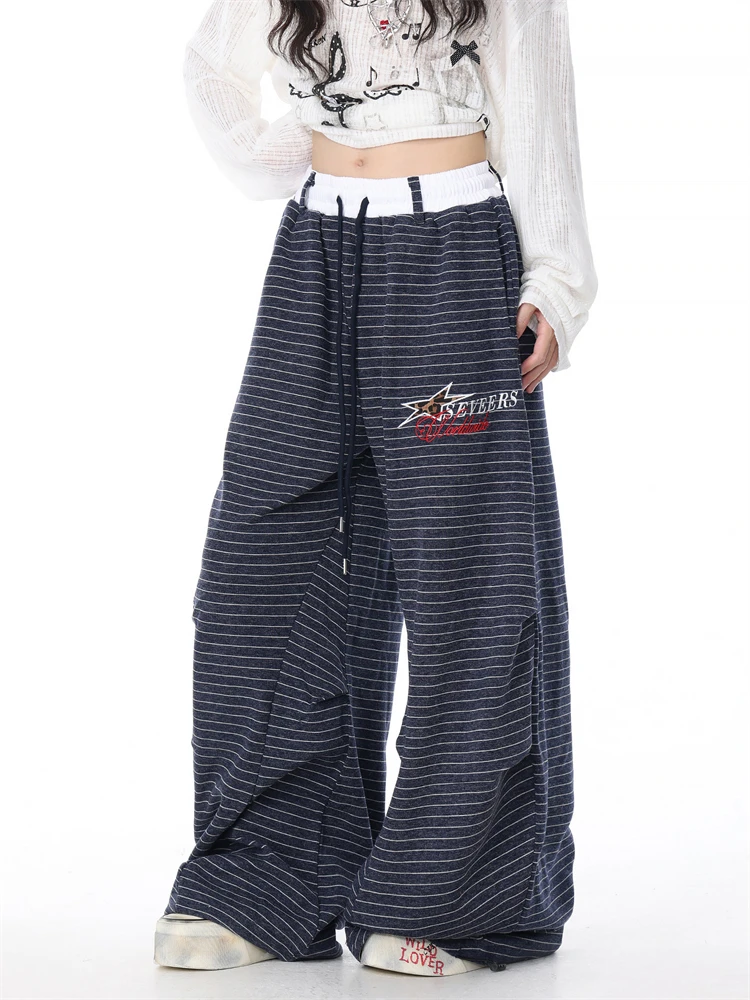 Women's Color-blocking Stripes Vintage Casual Pants Hip-hop 90s Women Bottoms Wide Leg Sweatpants Female High Waisted Trousers