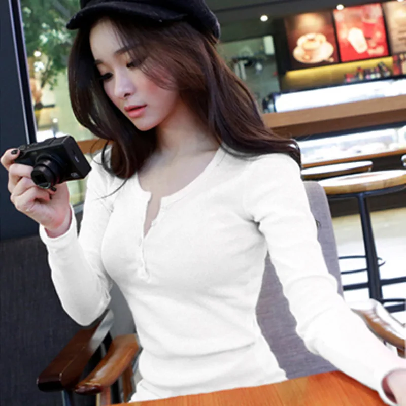 2026 autumn women's button ribbed solid color long sleeve t shirt slim fit korean style new top inner wear outer wear trendy fas - view 4