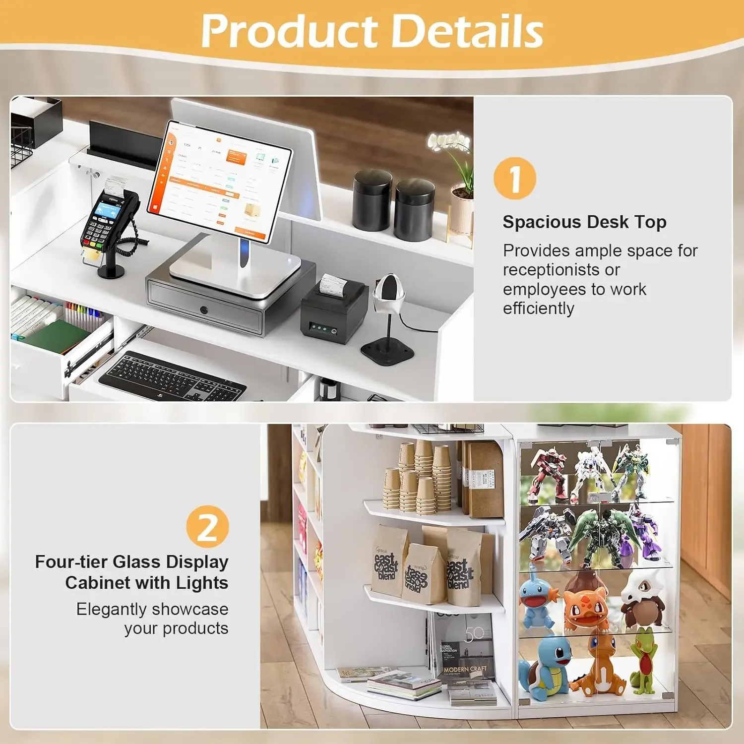 [متجر هيلونج] مكتب استقبال مع عداد للبيع بالتجزئة والخروج، عداد استقبال أمامي حديث مع أدراج وأرفف مفتوحة، L-Sha