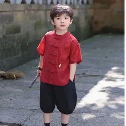 Vintage Red Handmade Buttons Bamboo Leaf Print Short Sleeved Tang Suit Suit Blouse Trousers Boys Fashion Casual Suit Tai Chi
