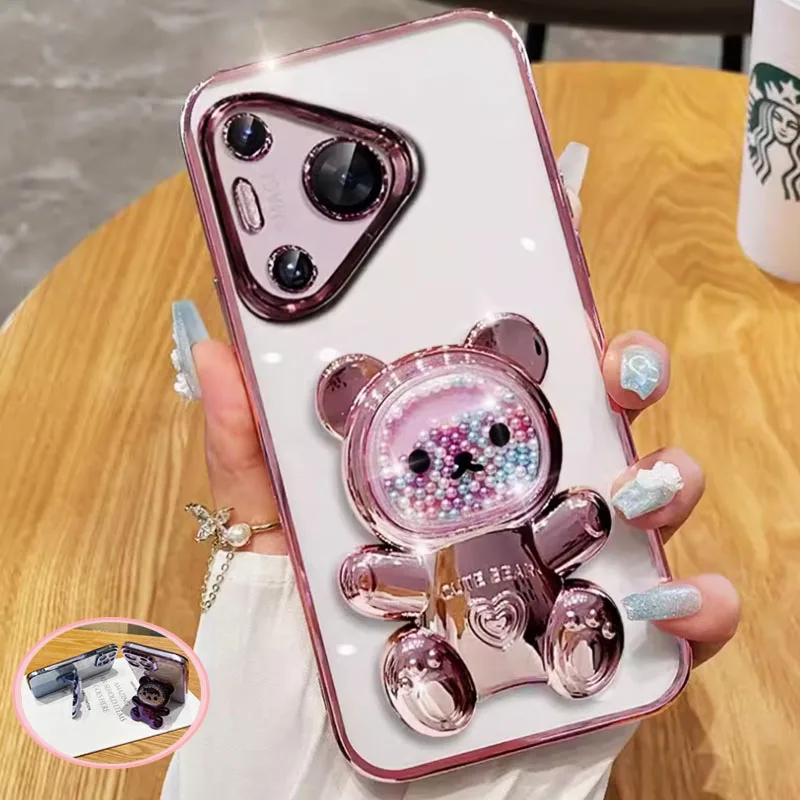 Cute Bear Bracket Plating Phone Holder Case for Huawei Pura 70 Pro Plus Pura70 Ultra Honor Magic6 Magic 6 5 4 3 Pro Stand Cover