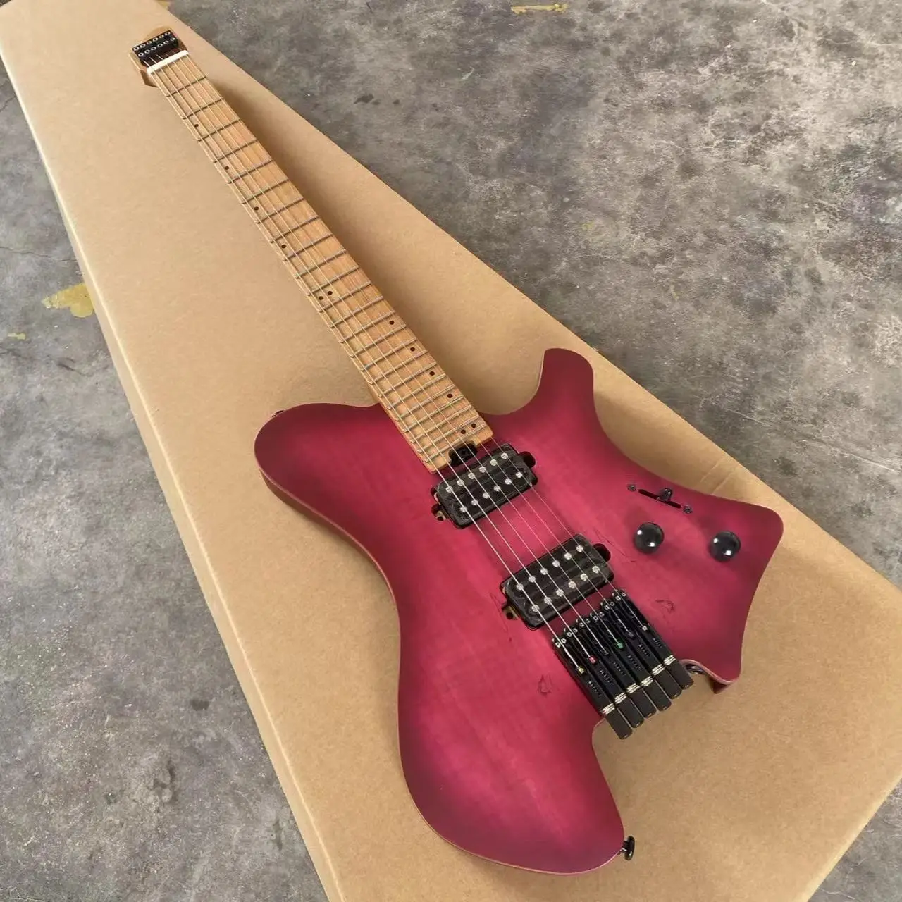 In Stock Acepro Upgraded Headless Electric Guitar Purple Koa Top, Jumbo Stainless Steel Frets, Roasted Maple Neck Guitarra