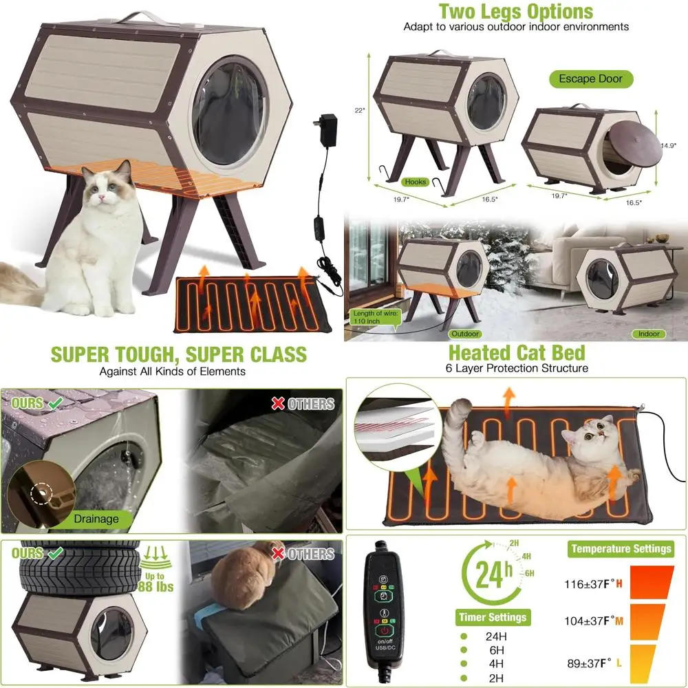 

Heated Insulated Outdoor Cat Shelter for Ferals with Adjustable Temp and Time, Expandable Design