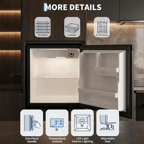 Freezer 1.6 Cu. ft. Mini Refrigerator Single-Door Compact Fridge with Freezer with LED Adjustable Shelves for Dorm, Office, Bedroom, Kitchen, Bar
