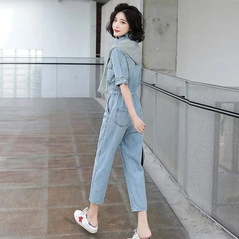 New Fashion Denim Jumpsuit Suit Women Blue Denim Long Sleeve High Waist Large Size Vintage Casual One Piece Outfit Overalls