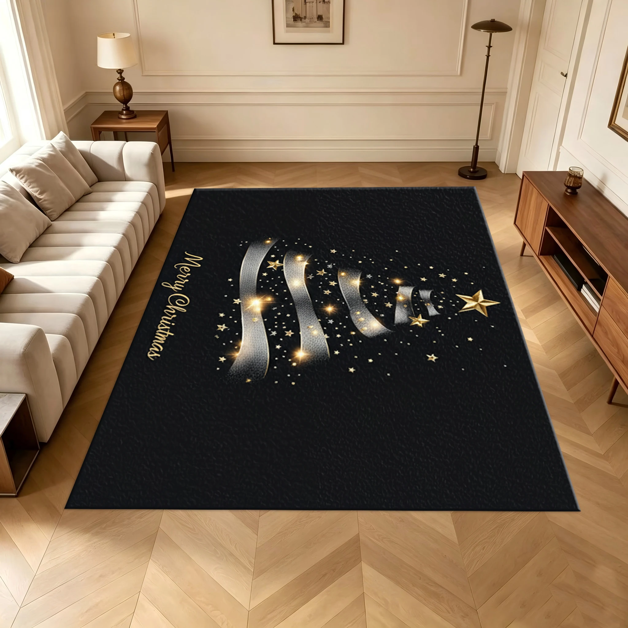Black Background Ribbon Christmas Tree Print Carpet Christmas Holiday Floor Mat Carpet