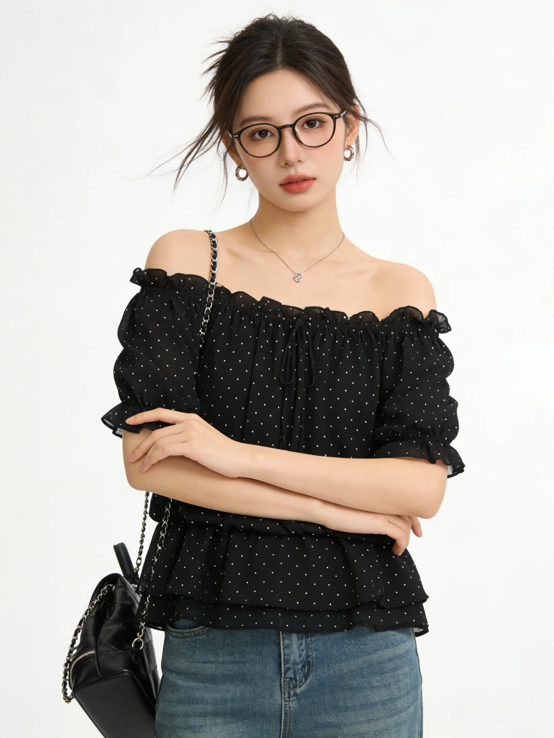 Korean Style Polka Dot Bubble Sleeve Shirt Waist Cinched One Shoulder Sweet Summer Top Women's Fashion Short Sleeve Shirt
