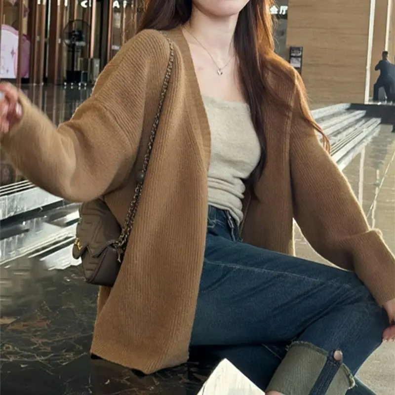 

Autumn Winter Women's Cardigans Coat Lazy Loose Knitwear Soft and Sticky Solid Color Jumper Versatile Mid-Length Girl Sweater