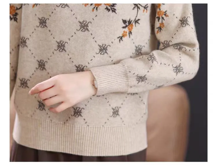 Pull en laine imprimé Vintage pour Femme, haut en laine, manches longues, col roulé, chaud, vêtements bas, chemisier tricoté