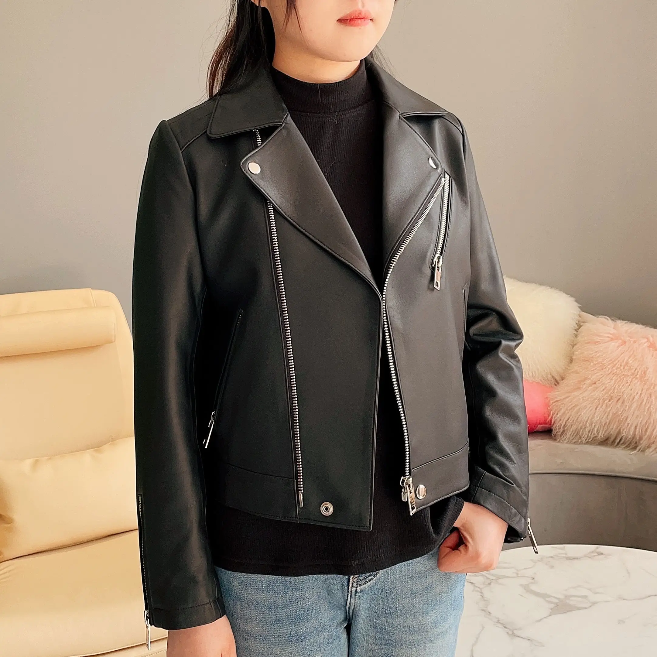 JANEFUR Women's Leather Jacket 2023 Classic Slim Street Black Real Sheepskin Coat Short Moto Fashion Female Outerwear