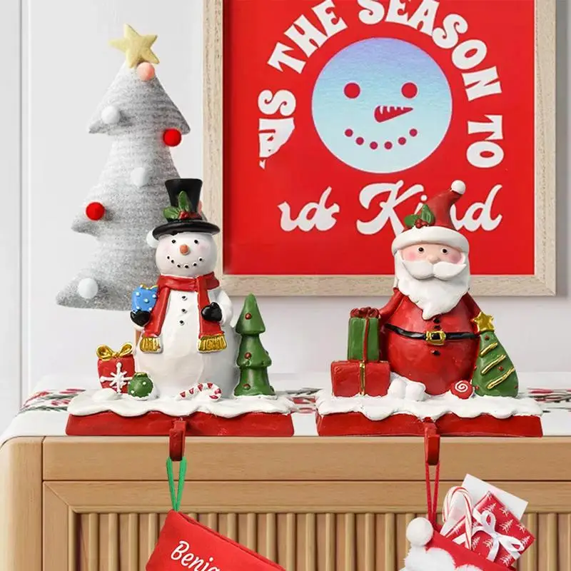 Resin Stocking Hangers Resin Santa Snowman Christmas Stockings Holders For Mantle Non-skid Mantel Christmas Decorations