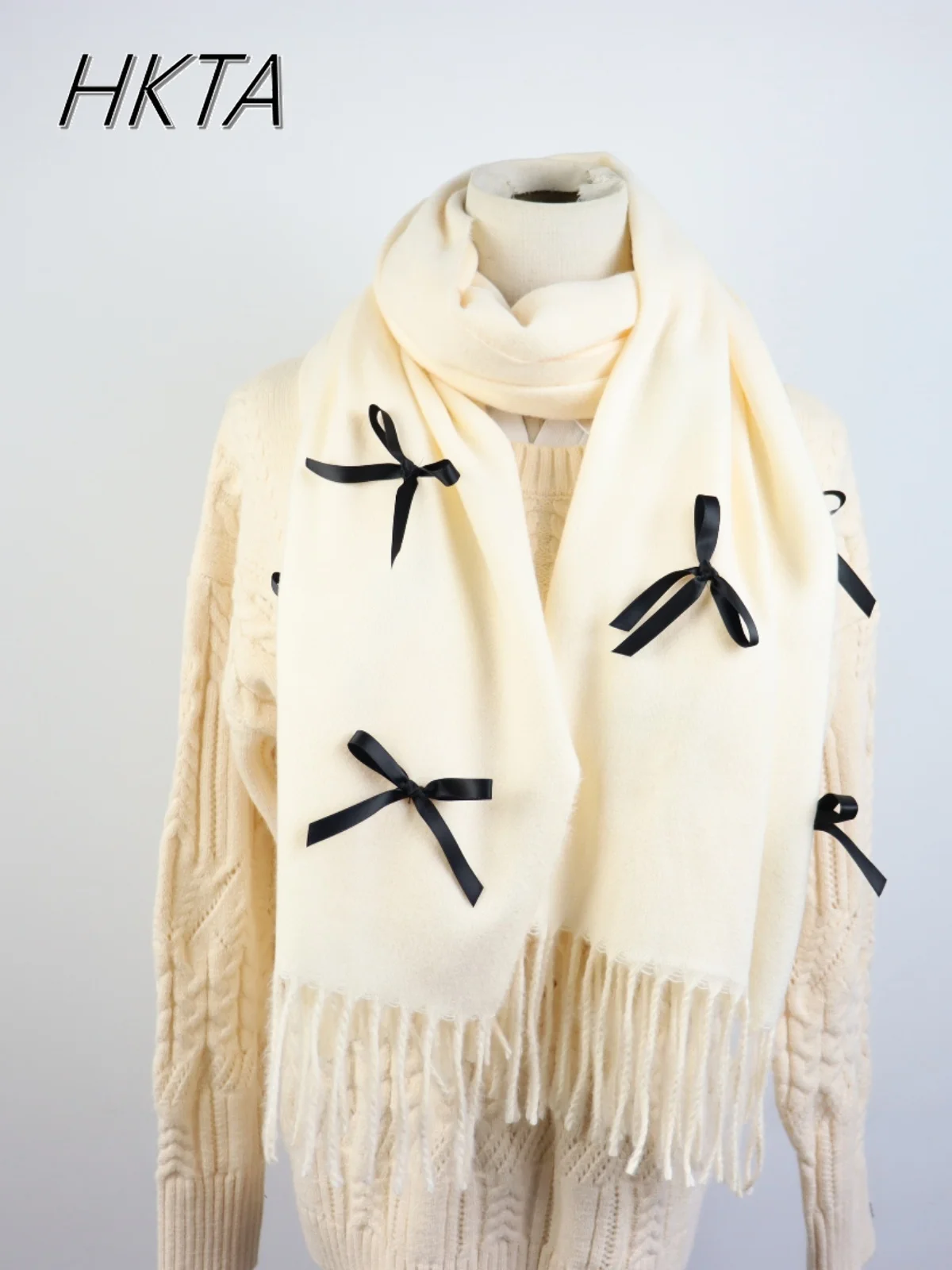 

Sweet Bow Solid Color Scarf Shawl Japanese Niche Design Cute Girl Shawl Winter Warm Korean Version Soft Scarf Silk Scarves Women