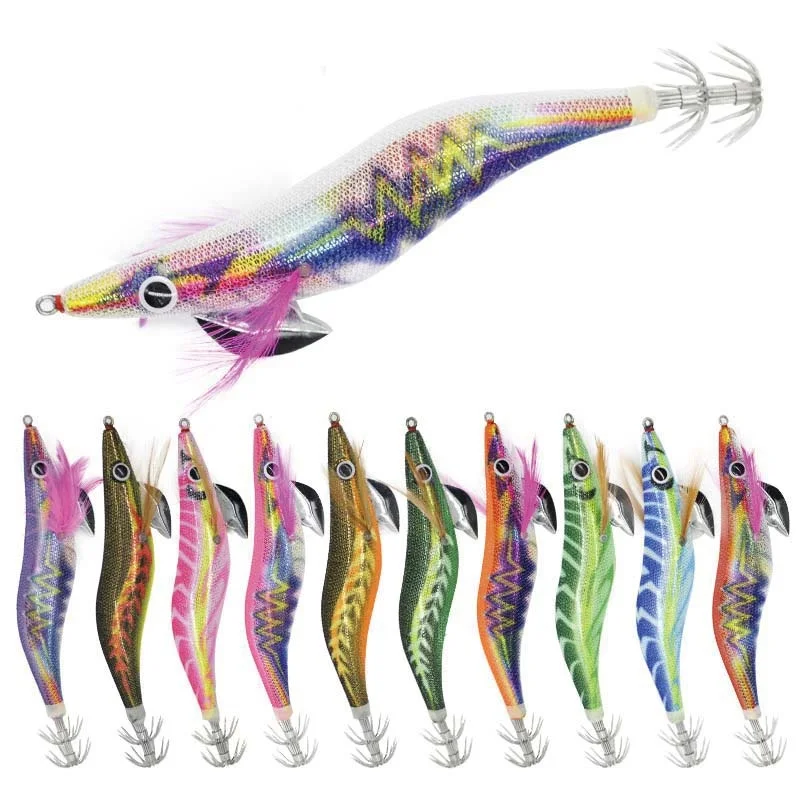 10g/15g/19g Luminous Squid Hook Fishing Lure Octopus Cuttlefish Artificial Hard Bait 3D EYE Wood Shrimp for Saltwater Freshwat