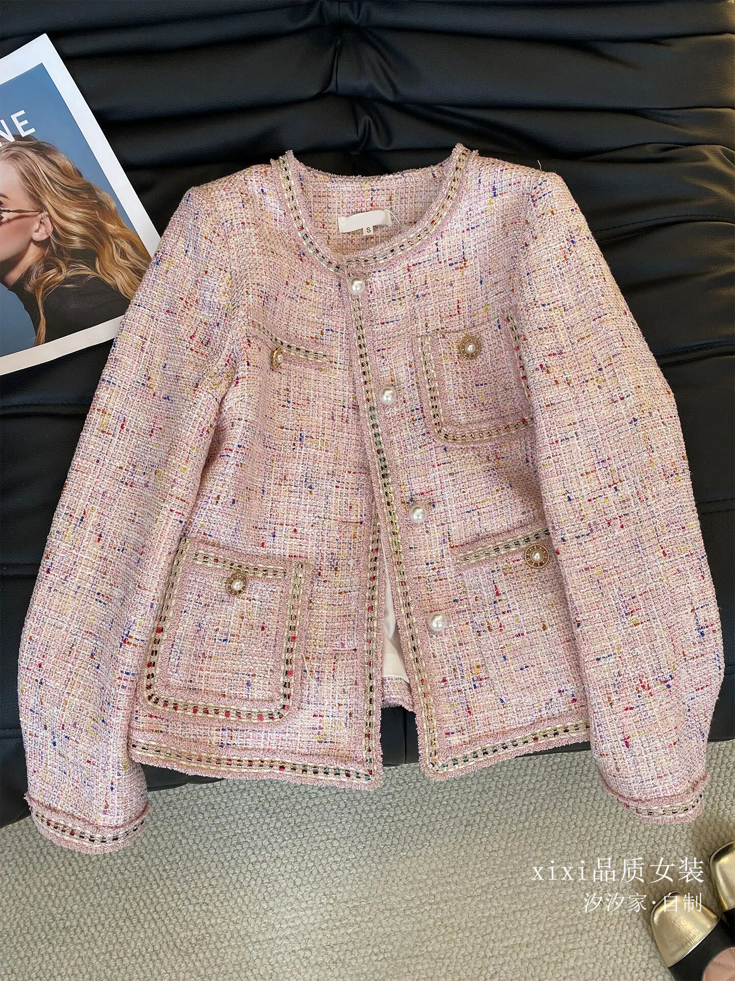 New Blue and pink coat, high-end heiress and socialite temperament, gold thread tweed top Jackets