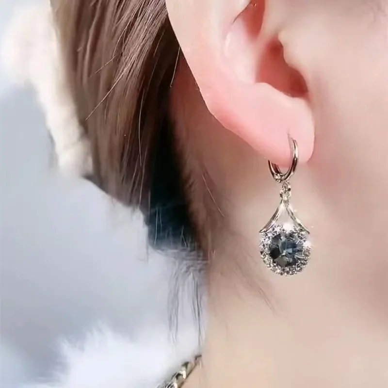 Cute Gray Zircon Crystal Waterdrop Ear Buckle Drop Earrings for Women Korean Simple Wedding Jewelry Trend Creative Accessories