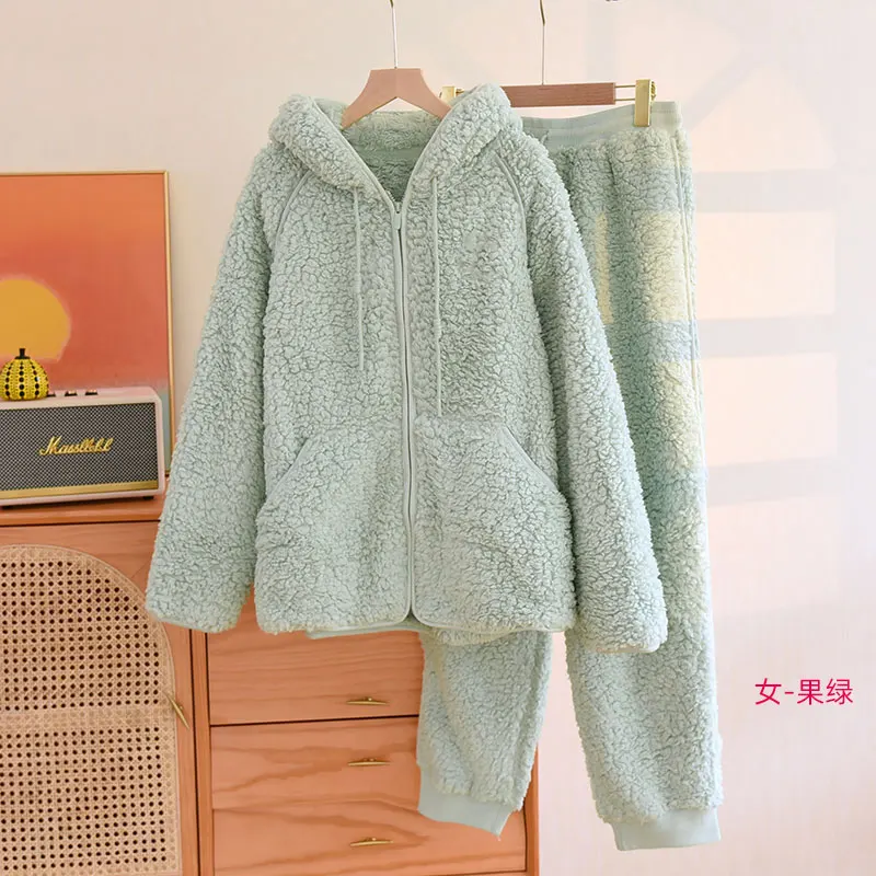 Korean New Women Warm Coral Fleece Pajamas Set Autumn Winter Sleepwear 2 Pieces Home Suit Casual Hooded Pajamas Night Wear