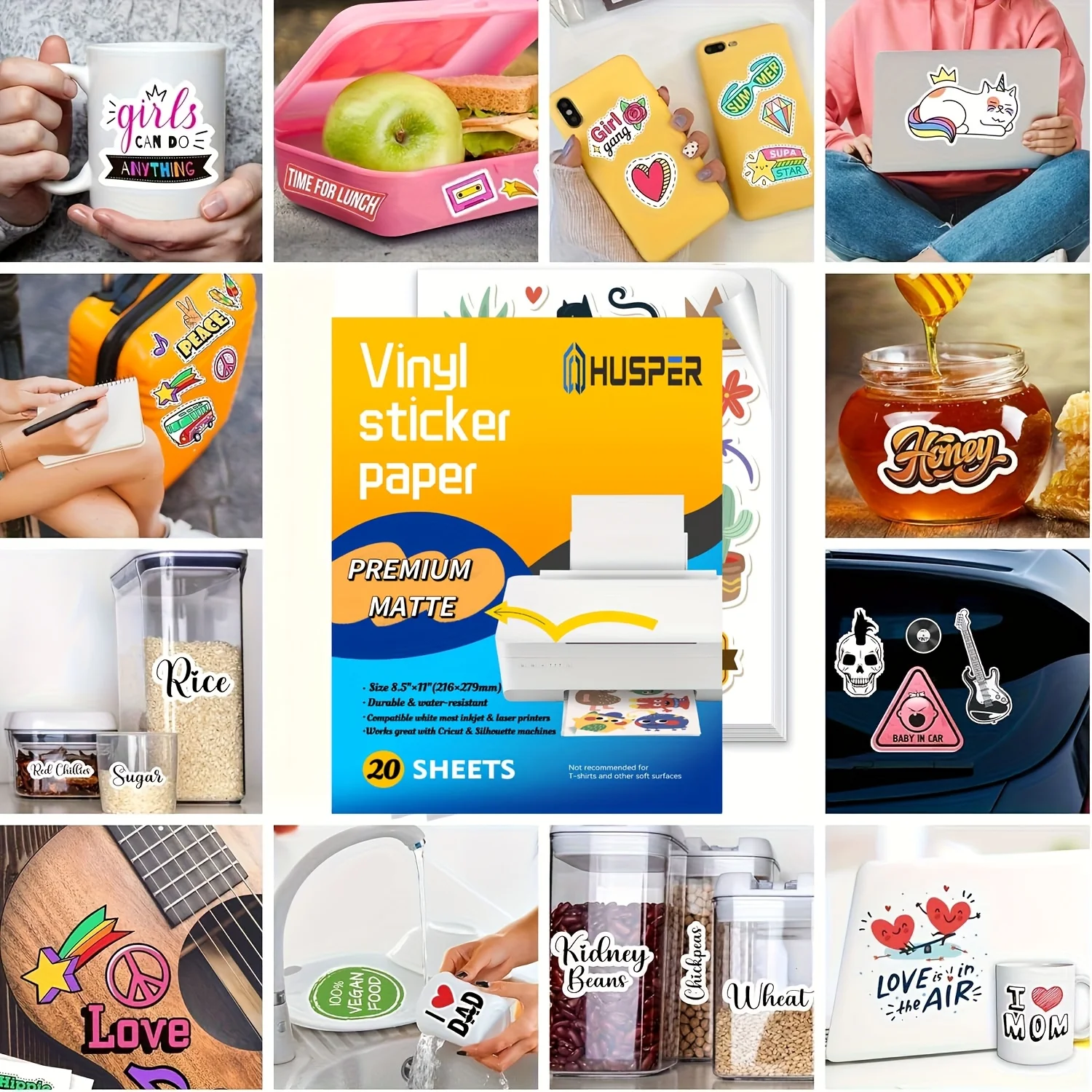 HUSPER 8,5 x 11 polegadas 20 folhas de papel adesivo de vinil fosco para impressora jato de tinta