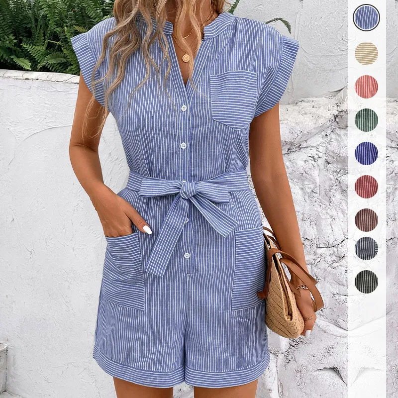 

Summer Casual Commuter Jumpsuit Pinstripe Short Sleeve Jumpsuit Shorts Europe and America
