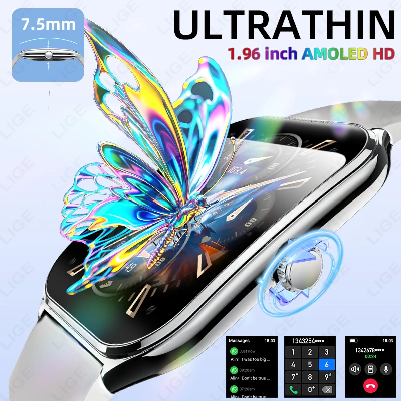 

LIGE New Ultra Thin Smart Watch 1.96" AMOLED Always Show Time Men Make Answer Call Sports Fitness Smartwatch Ladies For Huawei