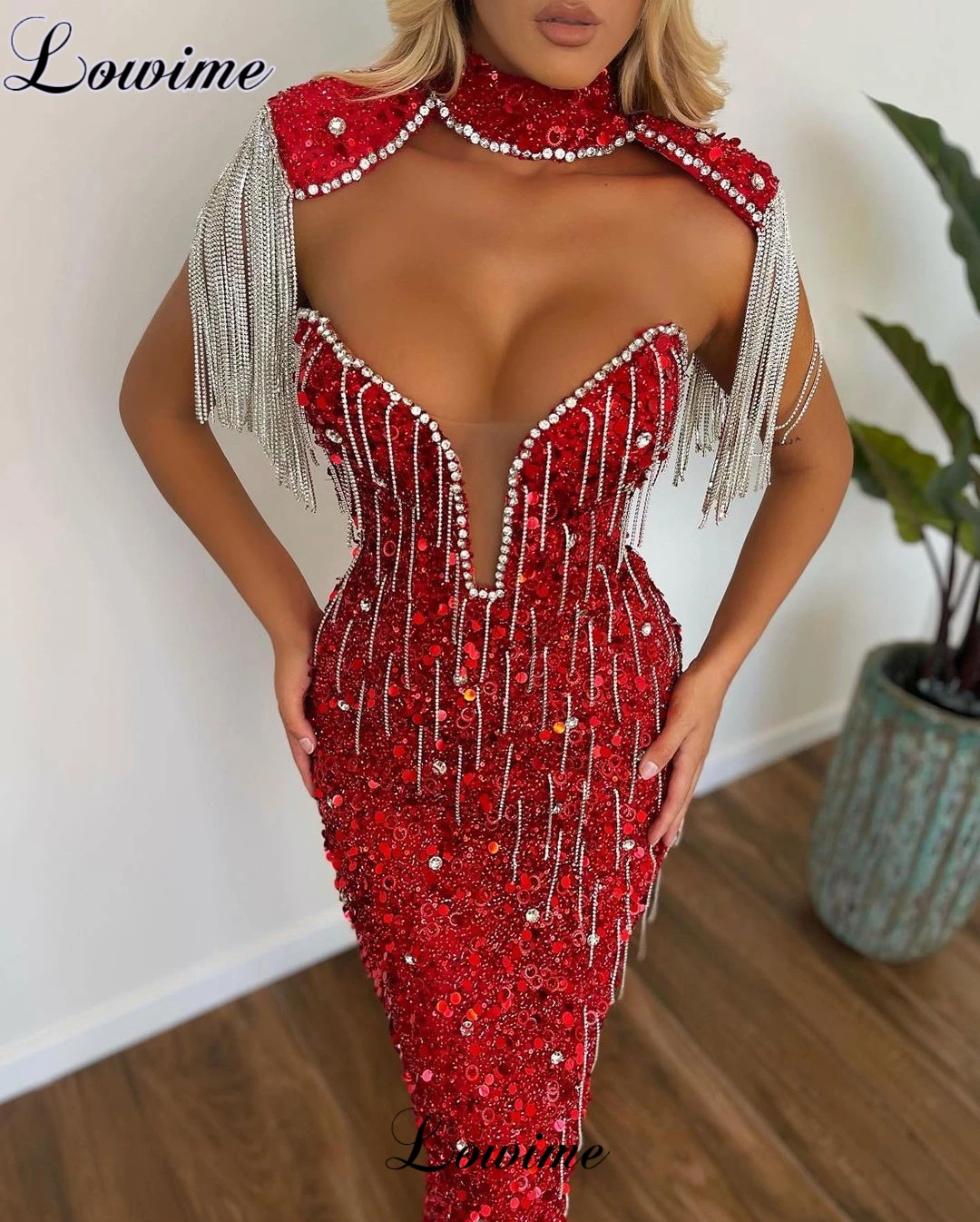 Two Pieces Red Sequined Evening Dresses Luxury Mermaid Sparkly Prom Party Dresses With Crystals Robes De Soirée Pageant Gowns